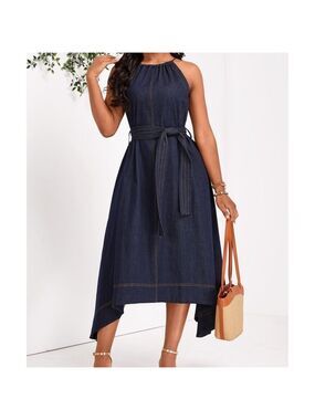GORGEOUS SLEEVELESS DENIM DRESS FABRIC TIE DETAIL AND UNIQUE HEMLINE LIKE NEW LG
